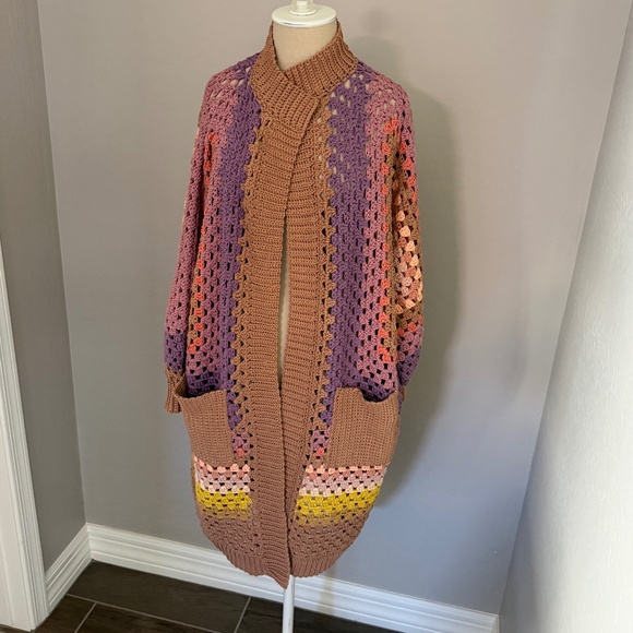 Women's Hand Crocheted 100% Cotton Long Cardigan Sweater Duster Size M/L - Picture 4 of 11